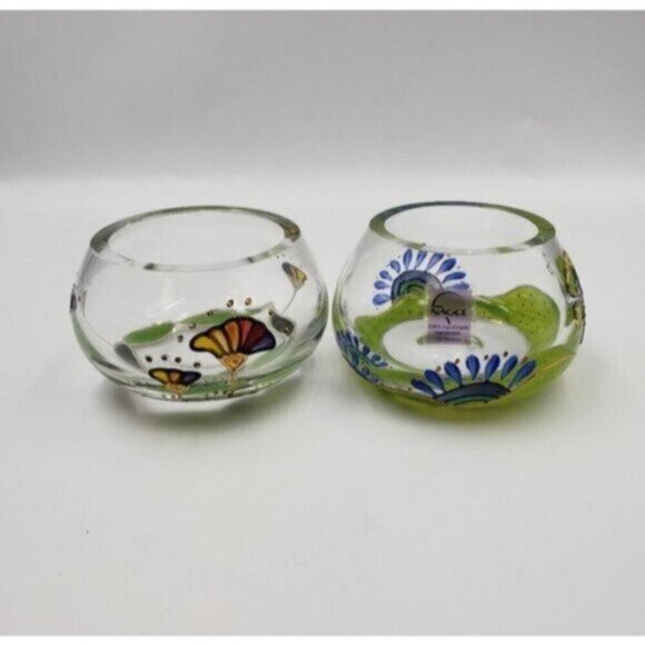 Nagel Glass Votive Candle Holders Hand Painted Colorful Heavy Glass Floral Two - Picture 3 of 15